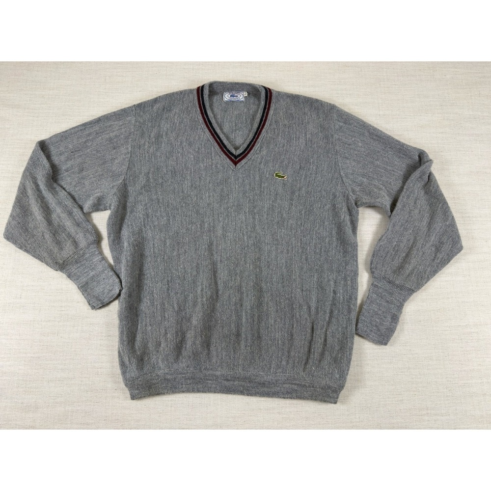 Vintage Izod Lacoste V-Neck Sweater Gray Striped Trim ILGWU Made Mens L